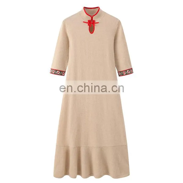 Autumn Luxury Slim Long Knitted 100% Cashmere Dress Ladies New Design Button Decoration Breathable Washable Floor-Length Natural photo-6