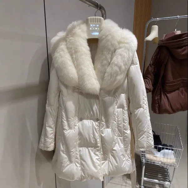 Haining's New Fox Fur Collar Goose Down Jacket, Women's Belt, Young Mid-length Fur Coat, Women's Special Offer