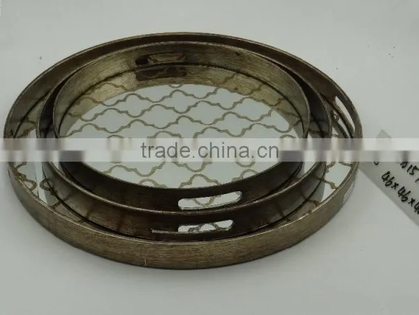 Antique Painted Round Wooden Mirror Tray With 2 Colors photo-2