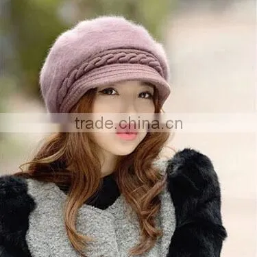 4 Colors Available Warm Knit Winter Wool Rabbit Fur Women Hat Beret Stock photo-3