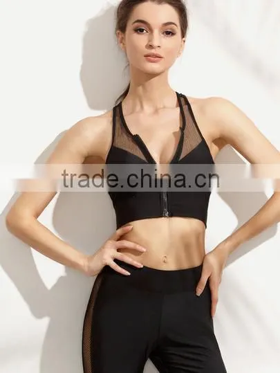 Tank-Tops&Camis Latest Fashion Design Women Clothing Black Mesh Zipper Cut Away Back Crop Top