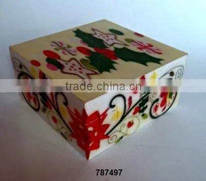 Wooden Box Painted Green Leave Red Flower Print
