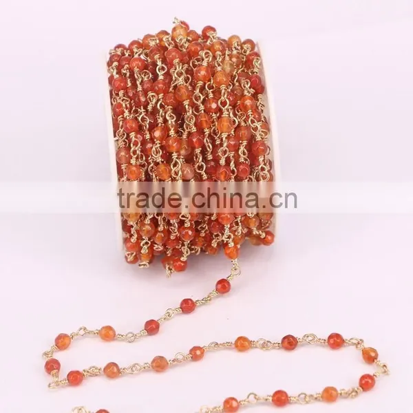 Wire Wrapped Beaded Chains Gold Plated Rosary Chain Red Agate Color Faceted Crystal Beads 4mm Jewelry Making photo-2