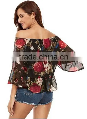 Women's Casual Floral Off Shoulder Chiffon Blouse Top photo-2