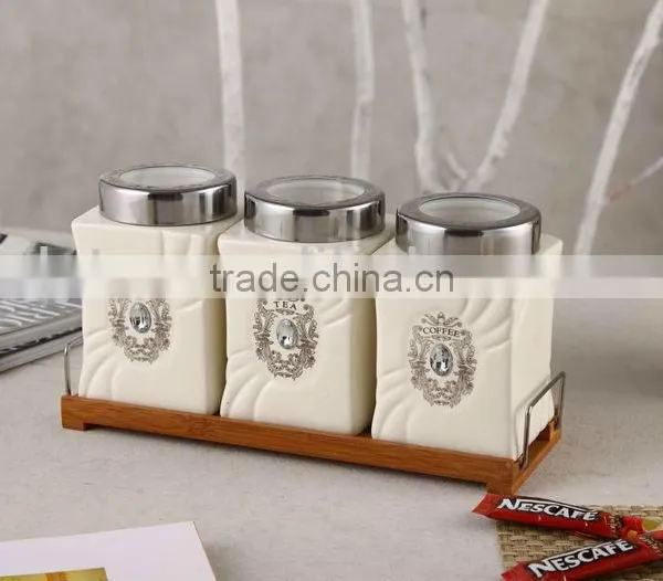Ceramic Canister Set With Stainless Lid & Wooden Stand photo-2