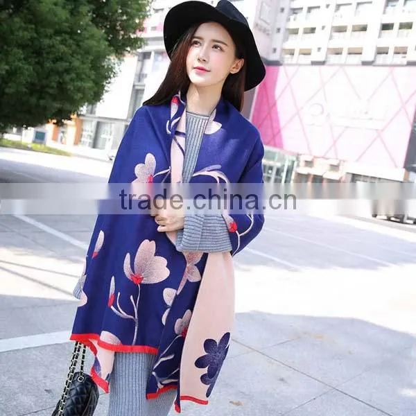 Hot Sale 2017 New Style Young Ladies Scarf Beautiful Pink Lotus Printed Blue Bottom Color Women Mufflers photo-2