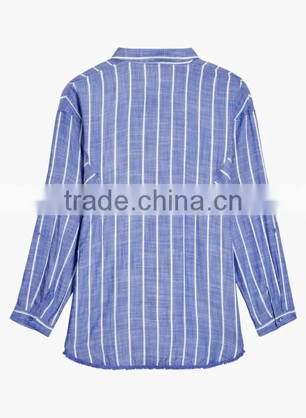 Wholesale 2017 Custom Ladies Fashion Frill Blouse Stripes Relaxed Ruffle Shirts photo-6