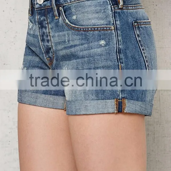 Blue Ripped Cuffed Denim Custom Sports Shorts for Women photo-4