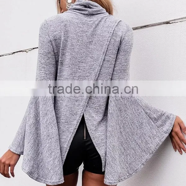 Runwaylover 139 New Design 2017 Ladies Fashion Flare Sleeve Knitted Turtleneck T-Shirt photo-3