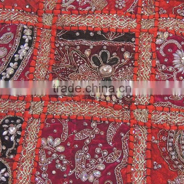 Elegant Red Decorative Living Room Square India Inspired Floor Pillow Cover photo-2
