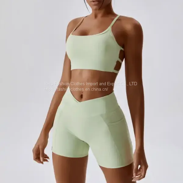 Wholesale Fitness Yoga Wear 2 Piece Active Wear Set Women Gym Multi Strap Open Back Sports Bra Front Cross Over Mini Shorts Set photo-2