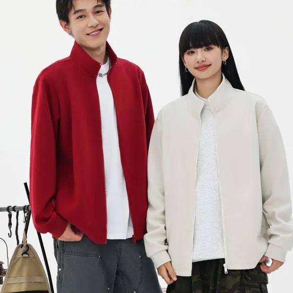 Winter 380g Heavy Duty Retro Solid Unisex Embroidered Loose Fit Custom Zipper Cardigan Jacket Stand Collar Men's Sweatshirt Long