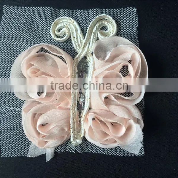 Shabby Chiffon 3X2.5" Butterfly w/ Sequin & Gold Trim Fabric Rose Spring Craft Supplies Baby Headband Flower Hair Bow Applique Quality Choice photo-2