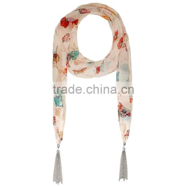 2015 New Design Functional Butterfly Print Scarf, Summer Flower Tassel Scarf photo-5