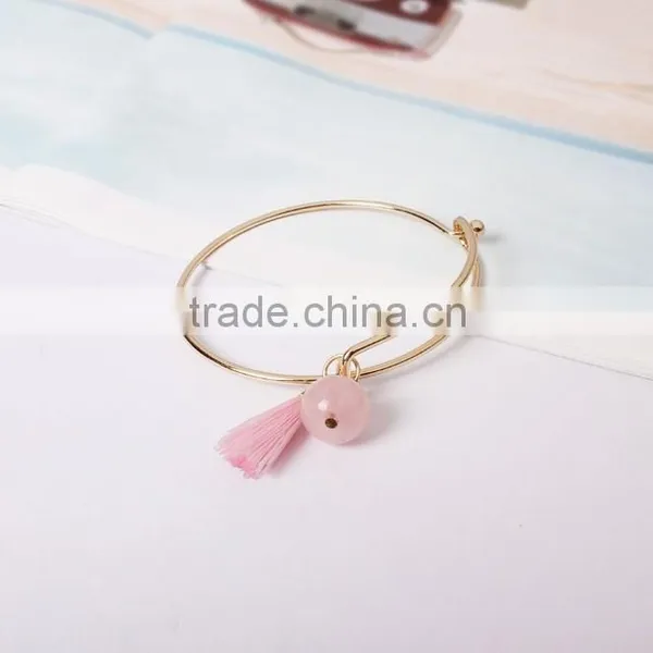 Pink Crystal Quartz and Tassel Gold Wire Bangle Natural Stone Gold Wire Bangle photo-2