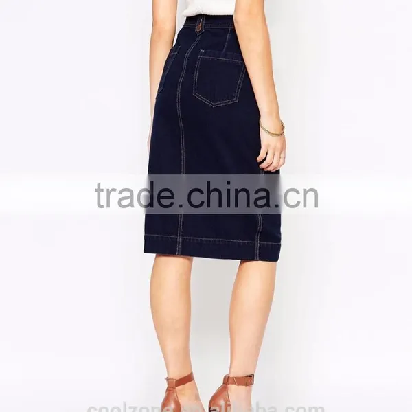 Latest Skirt Design Button Through Denim Skirt Lady Midi Skirt photo-3