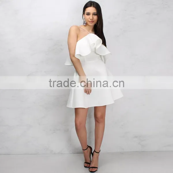 Halter Neck Women's Frill Skater Dress 2018 White Falbala Short Prom Dresses photo-6