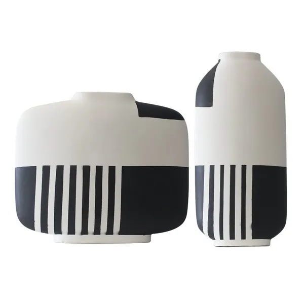 Minimalism Hand Paint White Black Stripe Grid Ceramic Flower Vase For Showroom Decor photo-5
