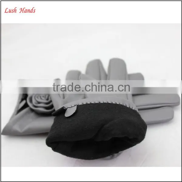 Ladies Wholesale Cheap PU Leather Hand Gloves Grey With Roses photo-4