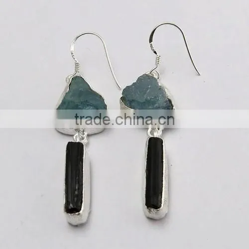 New Style Rough Aquamarine & Black Onyx 925 Sterling Silver Earring, 925 Stamped Silver Jewelry, Buy Silver Jewelry photo-2