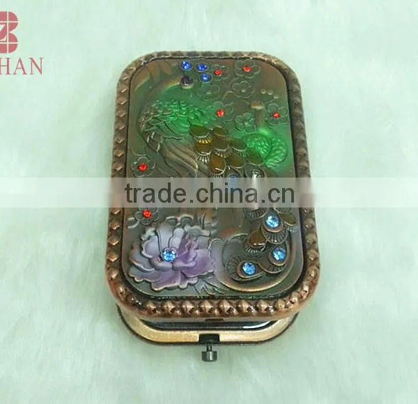 Metal Souvenir Peafowl Rhinestone Mirror/antique Peafowl Makeup Mirror/promotional Gift Peafowl Compact Mirror photo-2