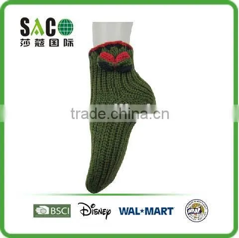 Dark Green Acrylic Floor Socks With Red Cuff Edge With Knitted Bowknot