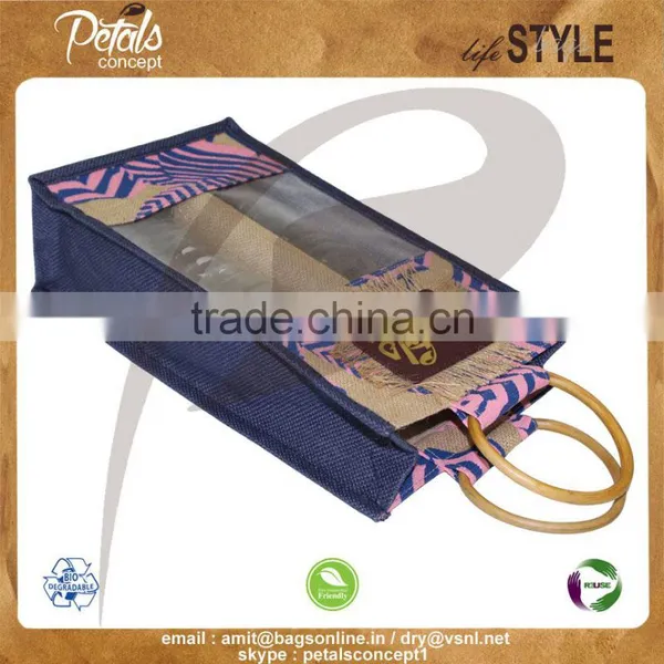 PP Laminated Jute Two Bottle Wine Bag With Window & With Wooden Cane Handle With Inside Partition photo-3