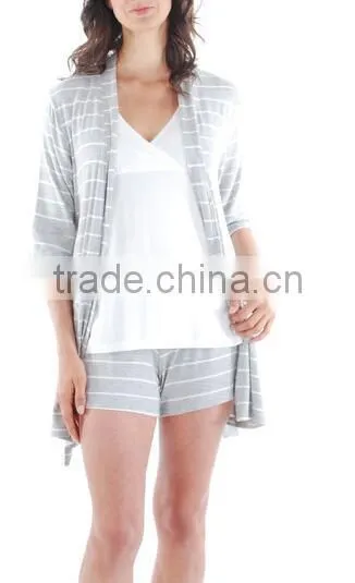 Fat Women Family Nightwear 95% Rayon / 5% Spandex Gray Stripe 5-Piece Mommy & Me Nursing Set photo-4