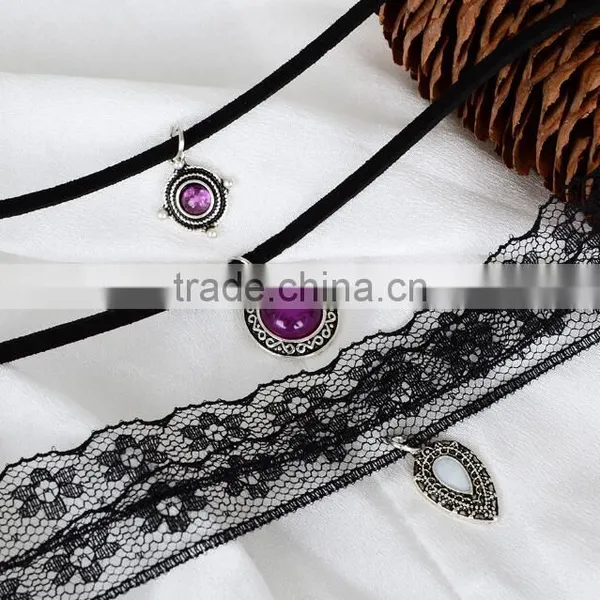 Zm34539a Vintage Faux Stone Black Lace Choker Necklace Set photo-4