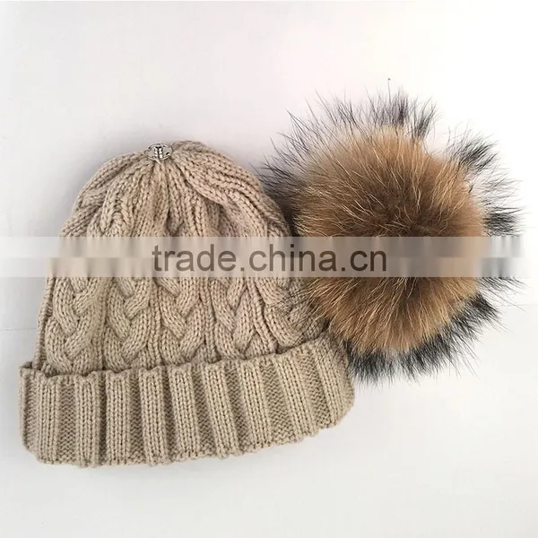 Myfur Cable Knit Hat Wholesale Beanie Cap With Raccoon Fur Pom Poms photo-3
