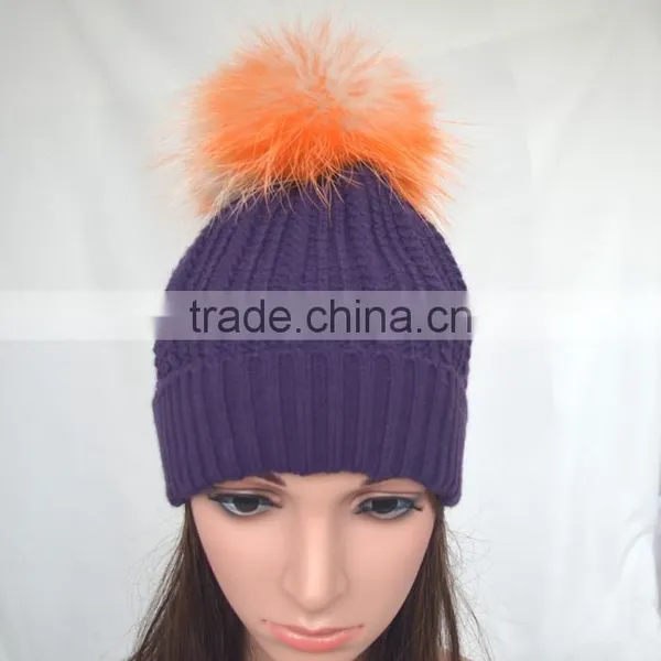 Myfur Popular New Cable Woolen Knitted Hat With Raccoon Pom Pom Top photo-2