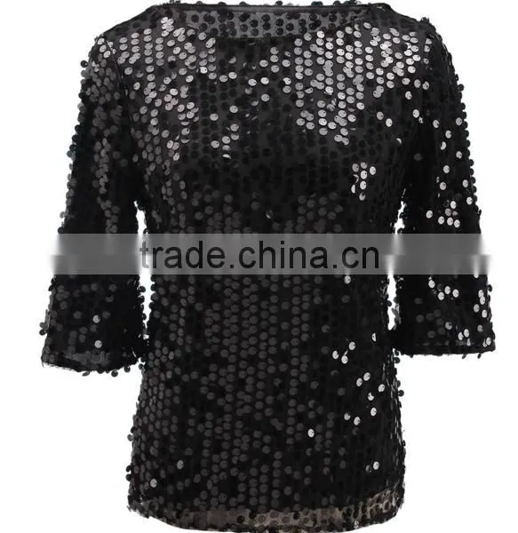European Style 2017 Spring Women's Fashion Women's Sequin Blingbling T-shirt Brand photo-4