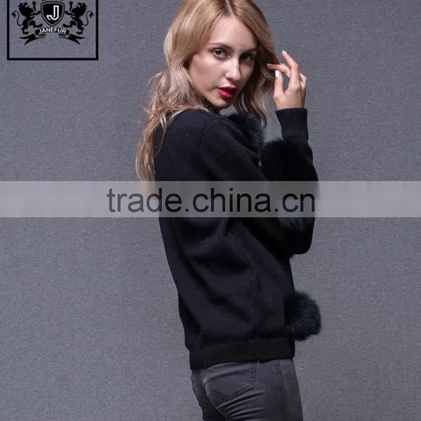 High Quality Fox Fur Pom Pom Decorated Woollen Sweater for Ladies photo-6