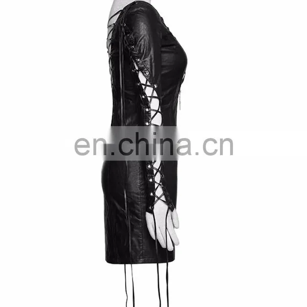Punk Rave Gothic Fetish Black Slim Synthetic Leather Dress With Deep V-cuts Q-312 photo-2