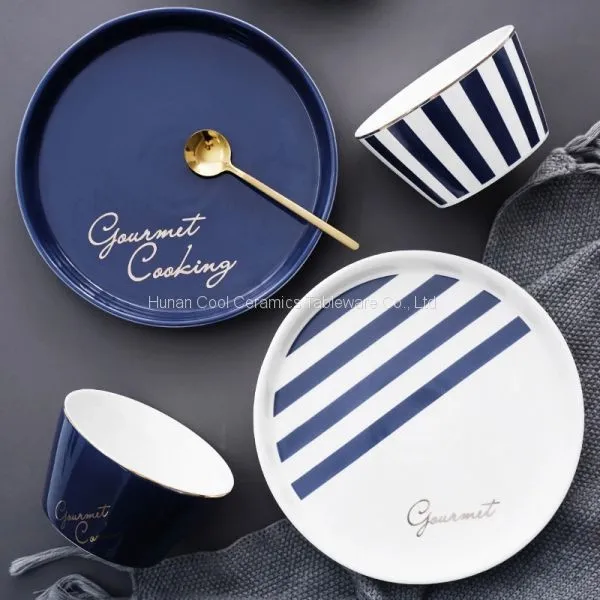 Nordic Blue White Stripes Ceramic Tableware Set Western Food Plate Bowls Breakfast Dish Salad Bowl Rice Bowl Dishes photo-3