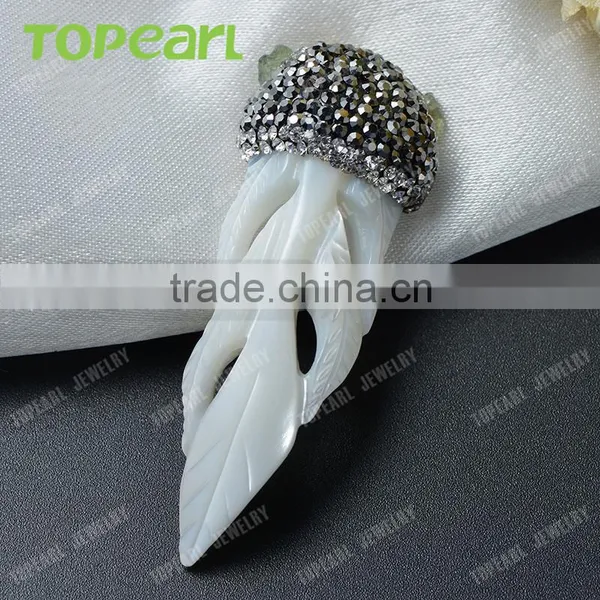 Topearl Jewelry Charm Leaf White Shell Pendant Rhinestones Clay Pave Pendant Designs for Women SPD02 photo-3