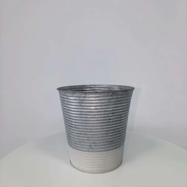 Two-Tone Ribbed Galvanized Metal Bucket Planter, Half White Painted Corrugated Iron Flower Pot