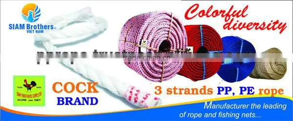 3 strands colored pp rope with UV protection and waterproof