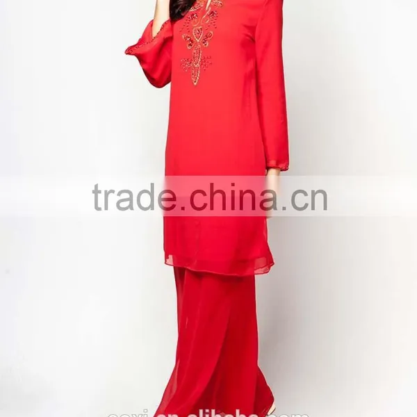 Red 100% Polyester Embroidered Beaded Elegant Women Muslim Dress photo-5