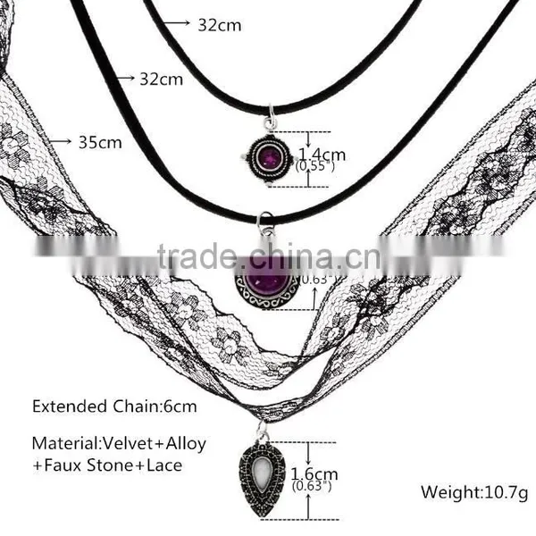 Zm34539a Vintage Faux Stone Black Lace Choker Necklace Set photo-3