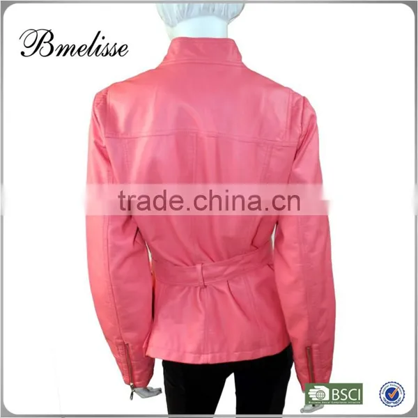 2014-2015 Wholesale Fashion Women pu Leather Jacket Pink Stylish Women's Black Leather Jacket photo-3