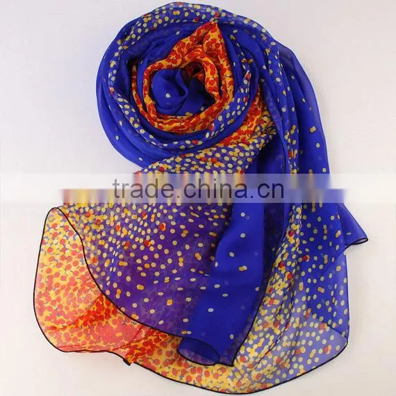 Crystal Blue Silk Scarf With Orange Dot Print - Polka Dot Printed Blue and Orange Silk Scarf photo-4