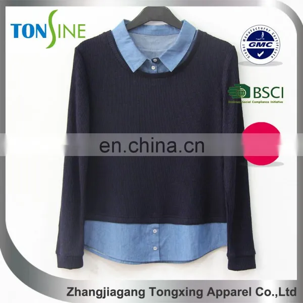 Women's Long Sleeve Top With Denim Neckline