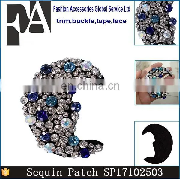 Fashion White Blue Beading Crystal Rhinestone Moon Sew on Patches Appliques photo-6