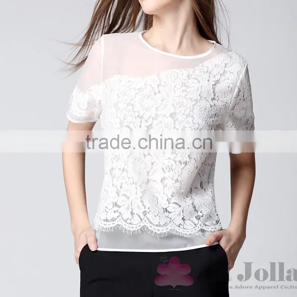 2016 Summer Fashion Lady False Two-piece Lace Macrame Short Sleeves T-shirt 149