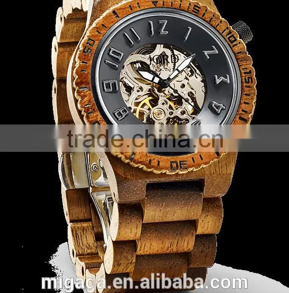 2016 Fashion Mens Bamboo Wood Watch Mechanical Wooden Watch Skeleton Man Watch photo-2