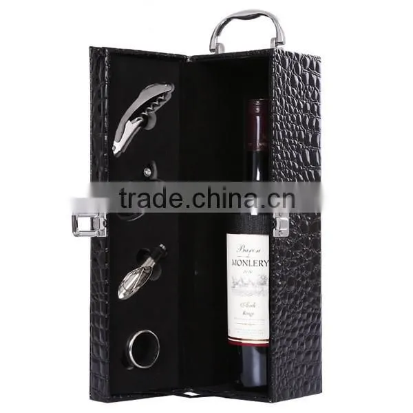 Hot Sale 2 Bottles With Tools And Lock Black Embossing Leather Wine Gift Boxes photo-2