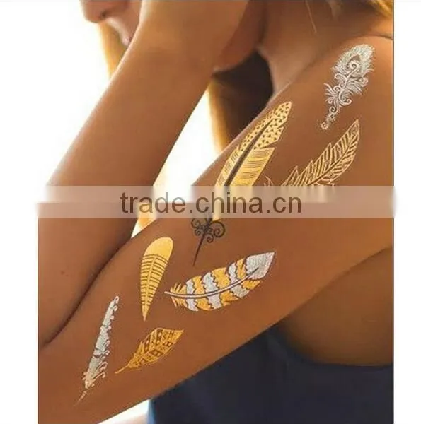 Waterproof Beautiful Feather Tattoo Body Art Flash Metallic Temporary Tattoos Gold Stickers