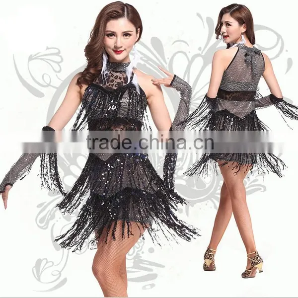 2016 New Design Latin Dance Dress, Jazz/Salsa Dance Costumes for Girls, Sequined High Collar Night Club Dancewear, Black, Red