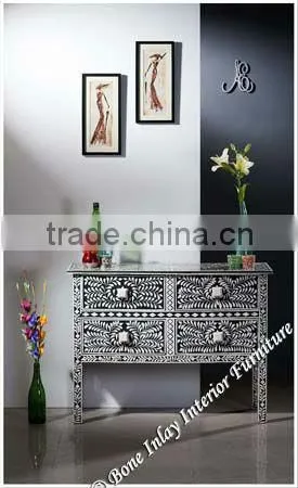 Black Bone Console Table- Inlay Four Drawer Console Table
